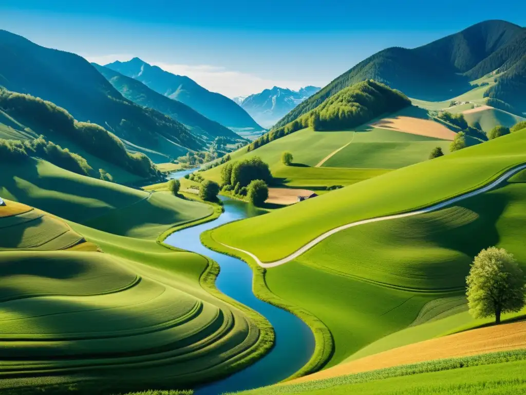 Paisaje sereno del campo austriaco: armonía y cooperación Imagen serena de la campiña austriaca, con verdes colinas, cielo azul y un río