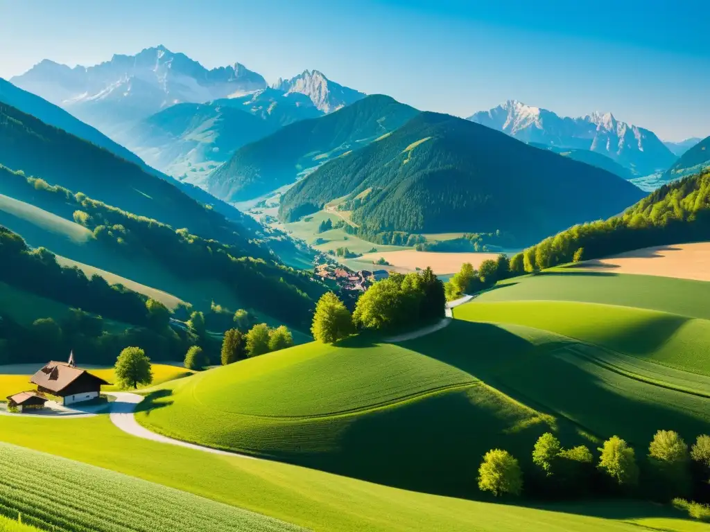 Imagen serena de la campiña austriaca, con verdes colinas y un pueblo tradicional