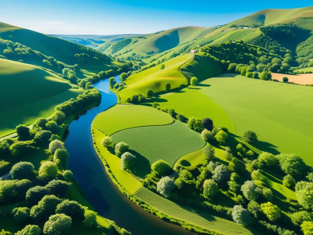 Imagen de la serena campiña con colinas verdes, cielo azul y un arroyo