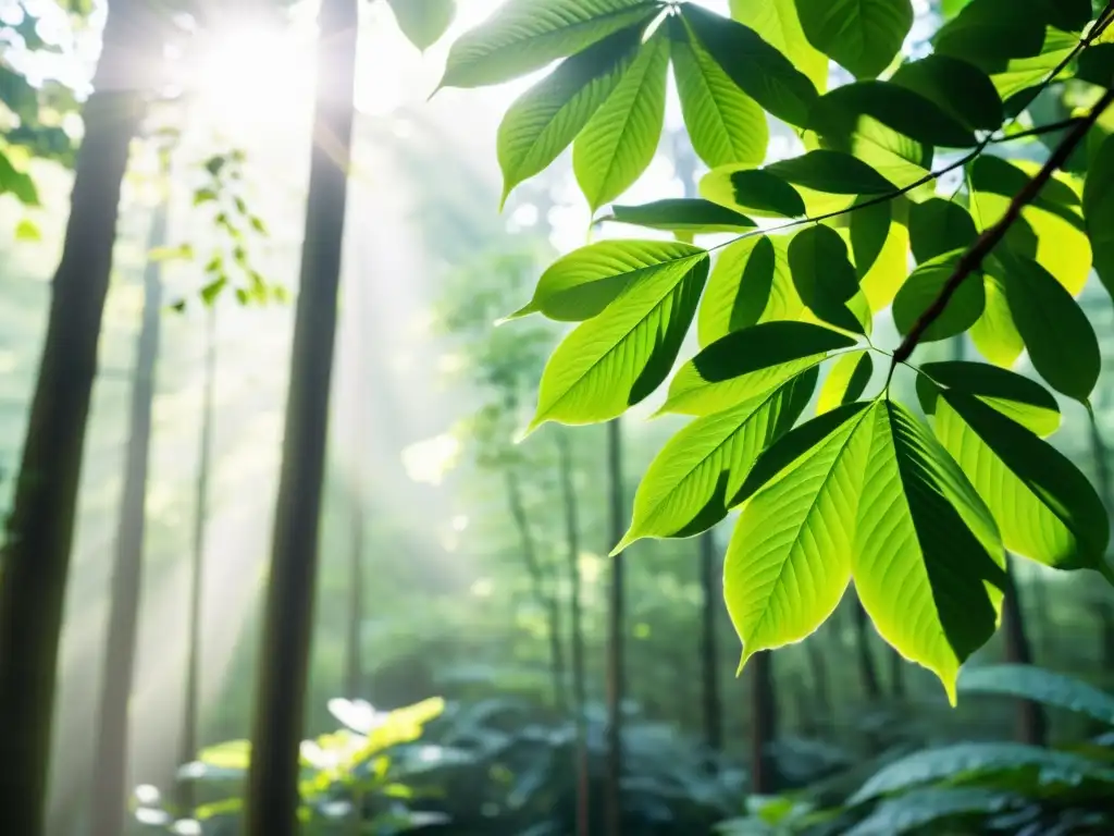 Imagen serena de un frondoso bosque verde con luz solar filtrándose entre las hojas