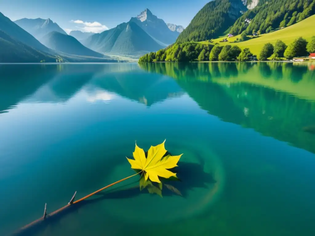 Imagen serena de un lago cristalino reflejando montañas, con una hoja flotando