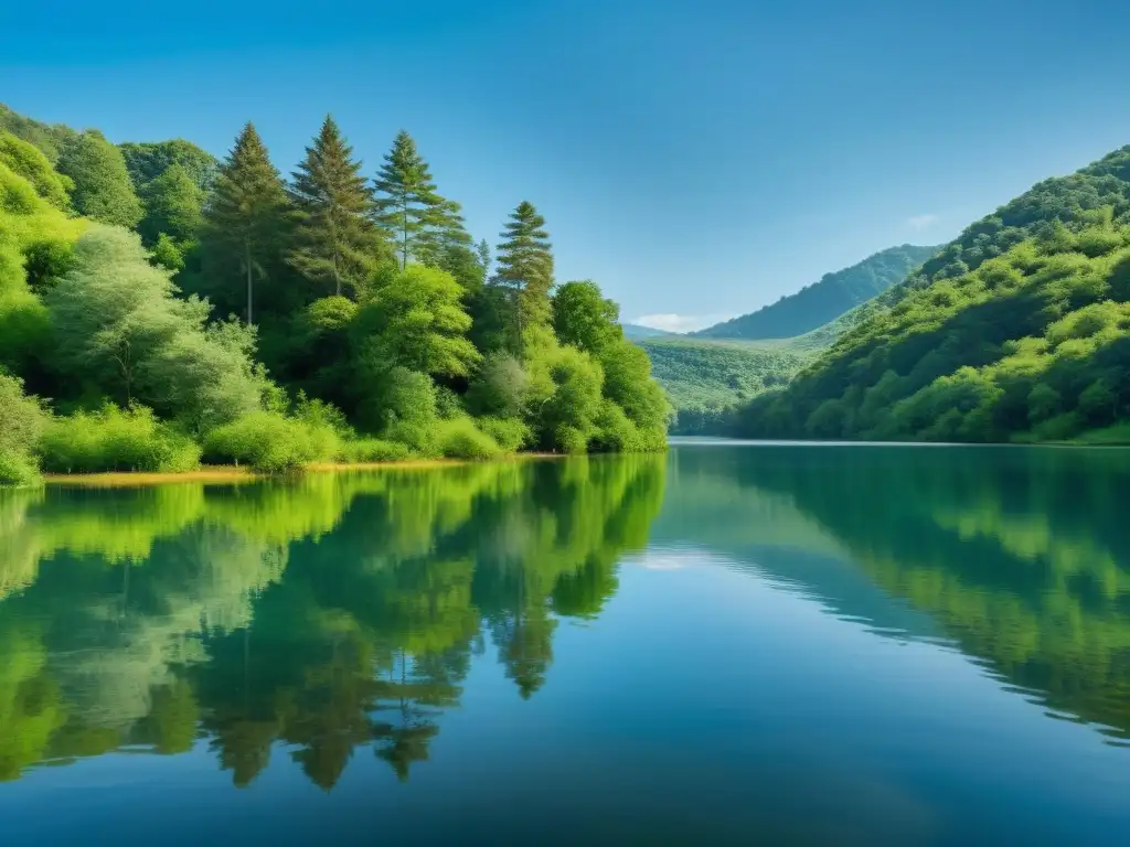 Imagen serena de un lago rodeado de exuberante vegetación, con reflejo del cielo azul