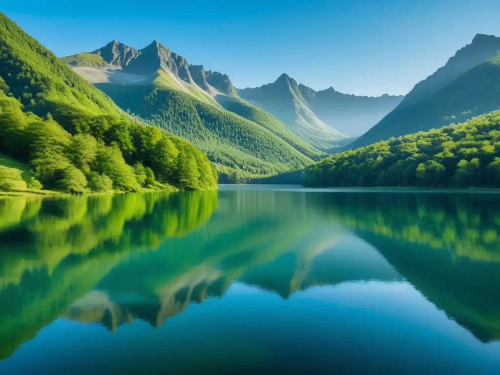 Imagen serena de un lago tranquilo rodeado de montañas verdes, reflejando el cielo azul