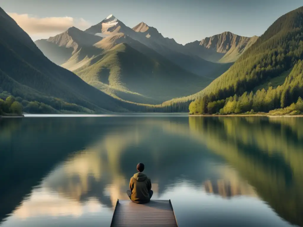 Imagen serena de un lago tranquilo reflejando montañas, con una ondulación simbolizando el ciclo económico