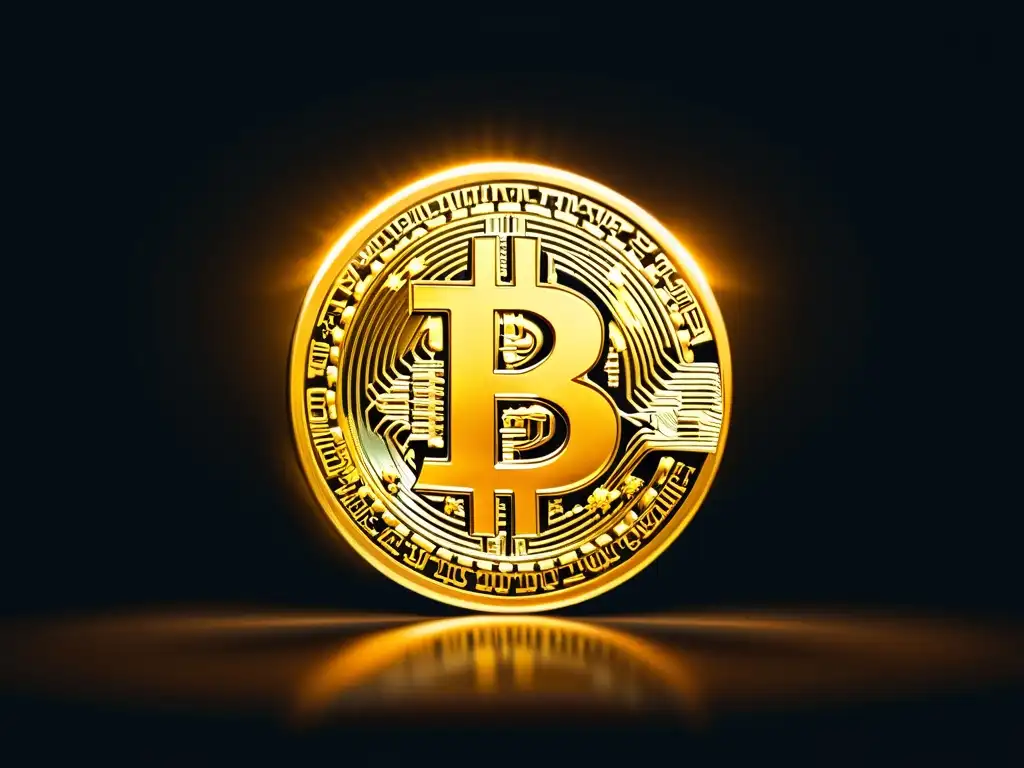 Imagen de un símbolo de Bitcoin dorado brillante sobre fondo oscuro, evocando su reconocimiento global como reserva de valor