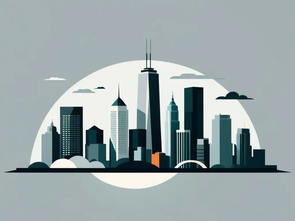 Imagen de skyline urbano minimalista con líneas limpias y formas geométricas, en tonos grises y toques de color