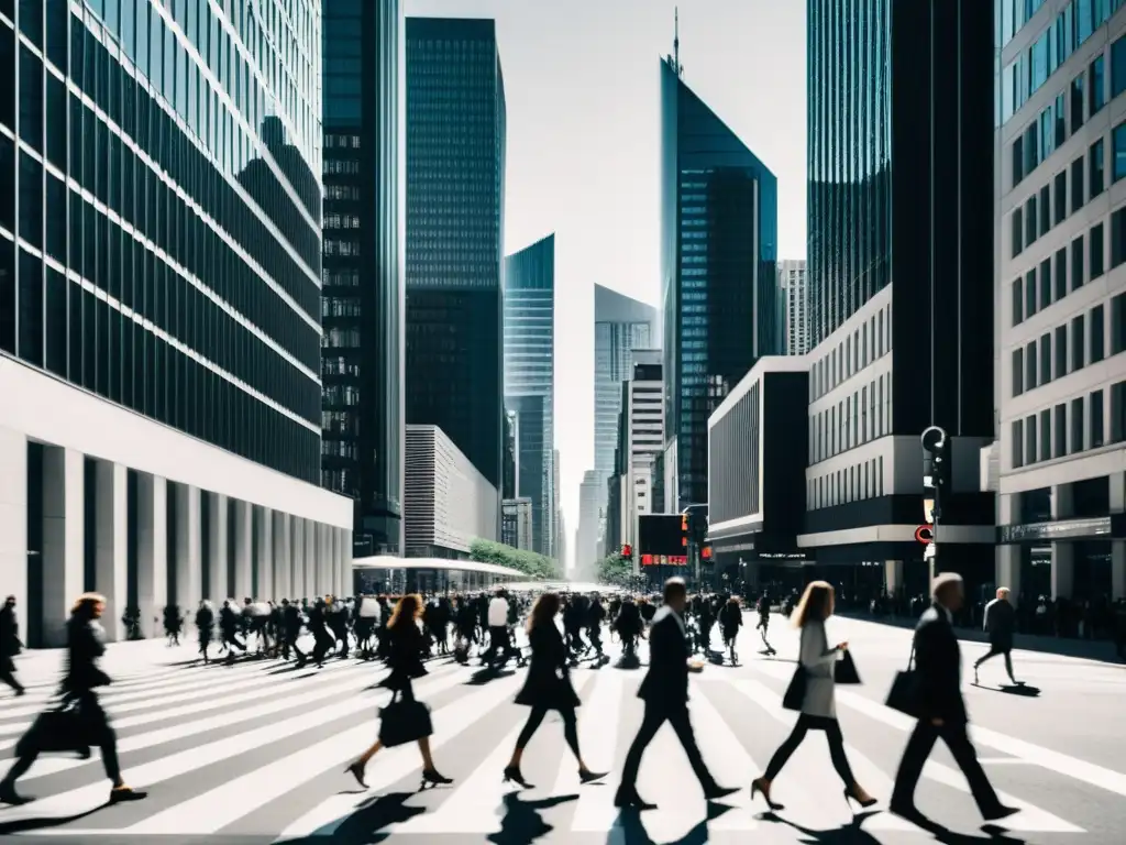 Una impactante imagen en blanco y negro de la bulliciosa vida urbana, con rascacielos modernos al fondo, reflejando la dinámica del capitalismo