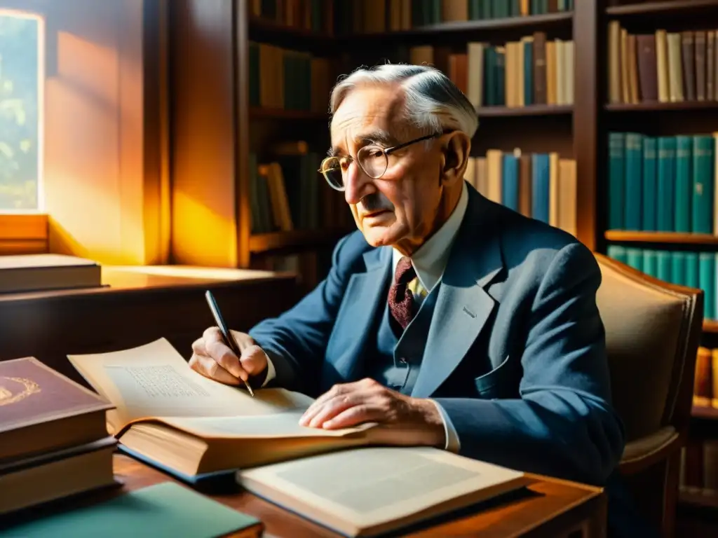 Una impactante pintura al óleo de Friedrich Hayek inmerso en su estudio, rodeado de libros y papeles, mientras la luz del sol ilumina la habitación