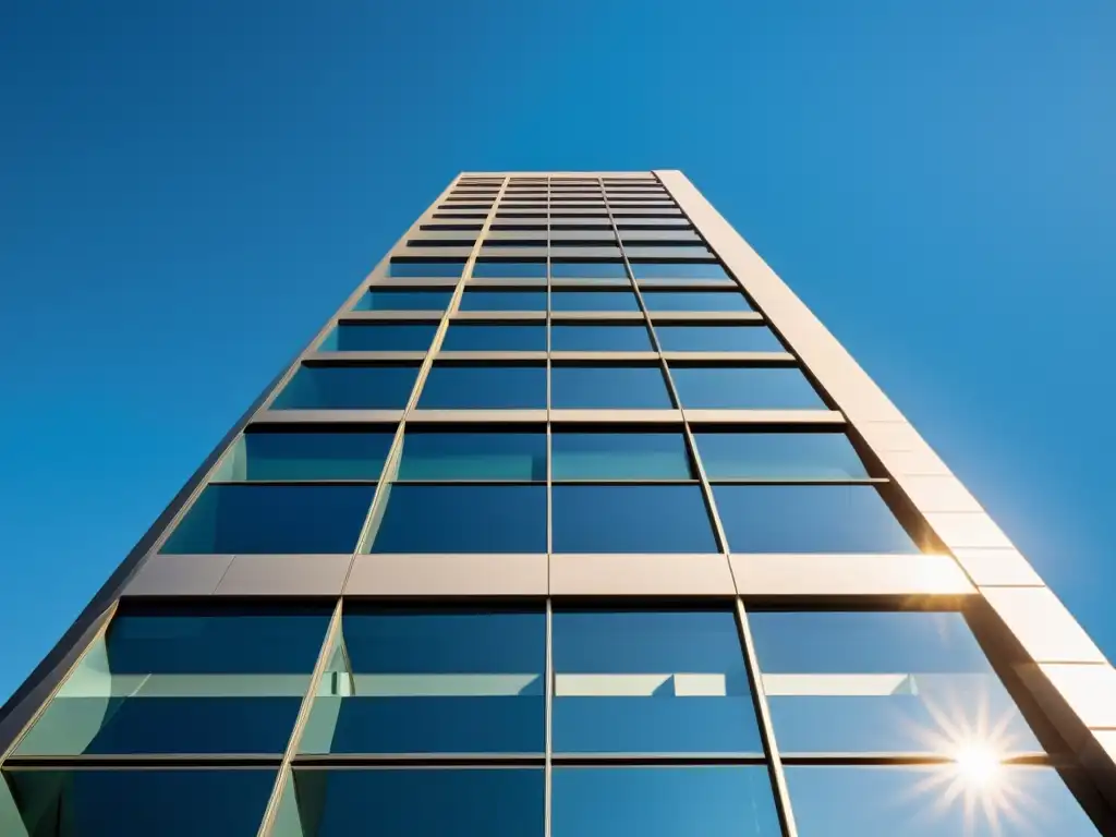 Imponente edificio bancario moderno con líneas nítidas y superficies reflectantes, bajo el sol brillante