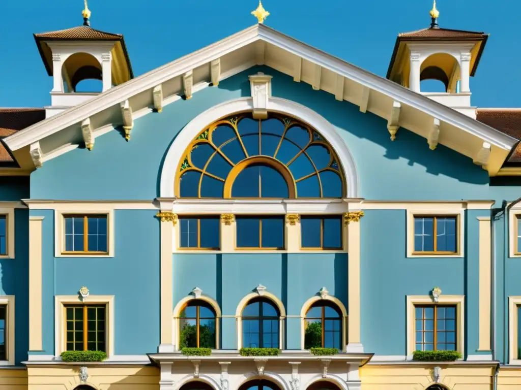 Imponente edificio de la escuela austriaca de economía entre exuberante naturaleza y cielo azul claro, evocando tradición y excelencia académica