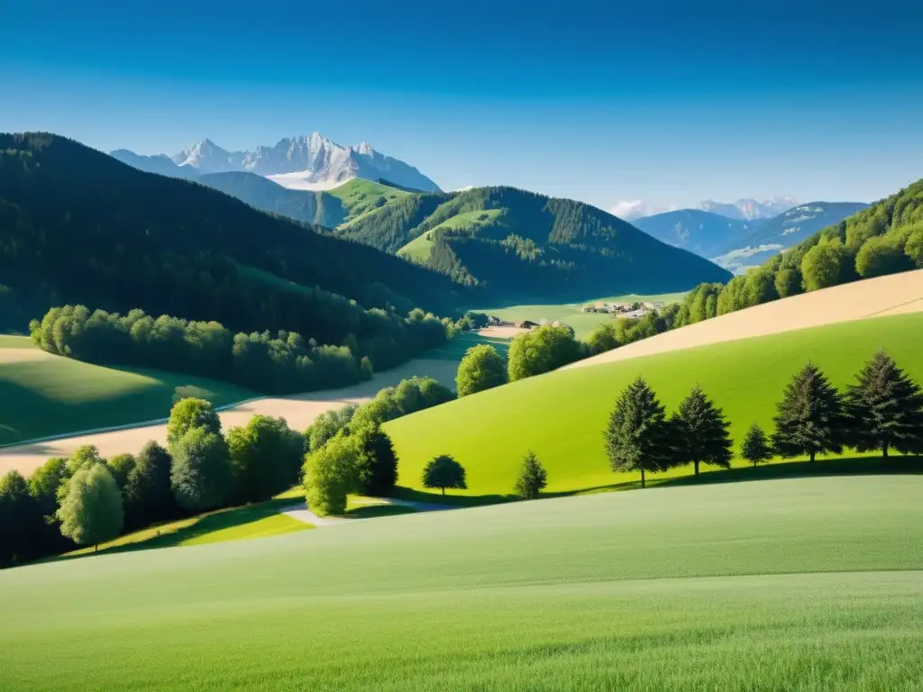 Imponente paisaje de la tranquila campiña austriaca, reflejando el impacto del comportamentalismo en la Escuela Austriaca