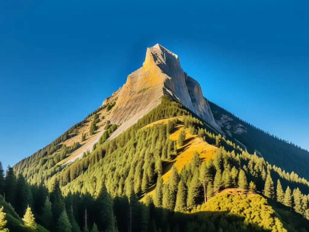 Imponente pico montañoso bañado por el sol con árboles verdes y cielo azul en perspectiva austriaca