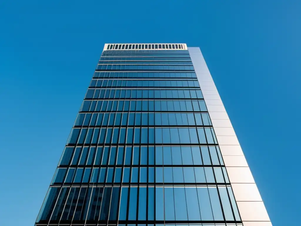 Rascacielos moderno y próspero en el cielo despejado Imponente rascacielos moderno en un cielo azul