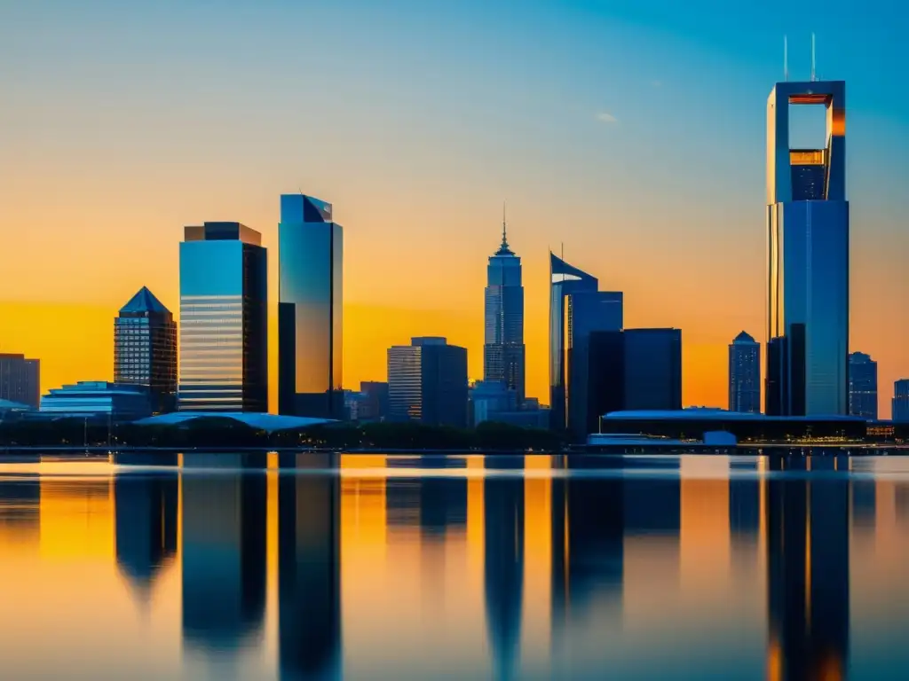 La imponente silueta de una ciudad moderna con rascacielos de cristal reflejando el atardecer dorado, en contraste con el cielo azul