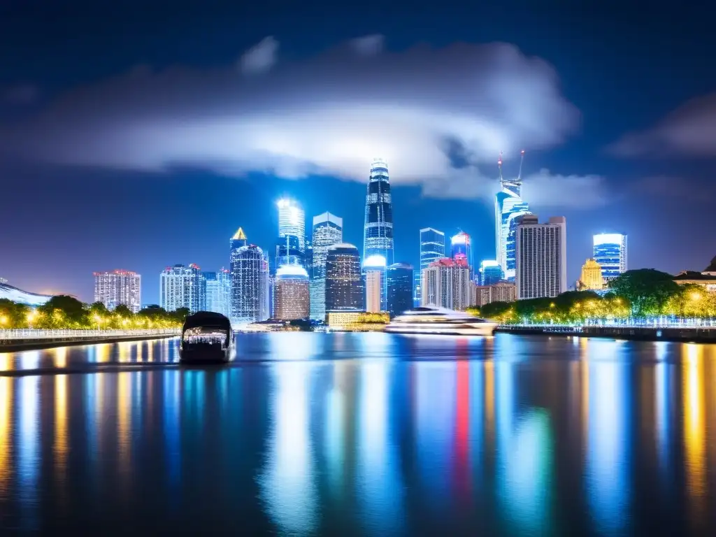 Imponente skyline nocturno de una ciudad vibrante con rascacielos iluminados reflejados en el río