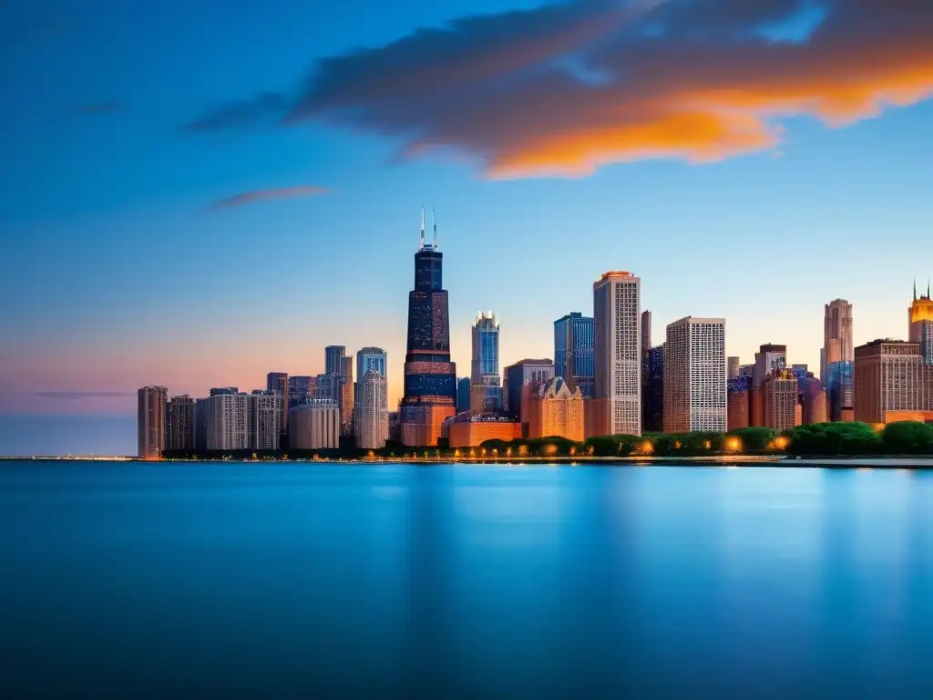 Imponente skyline de Chicago al anochecer, con rascacielos modernos iluminados contra un cielo azul y naranja