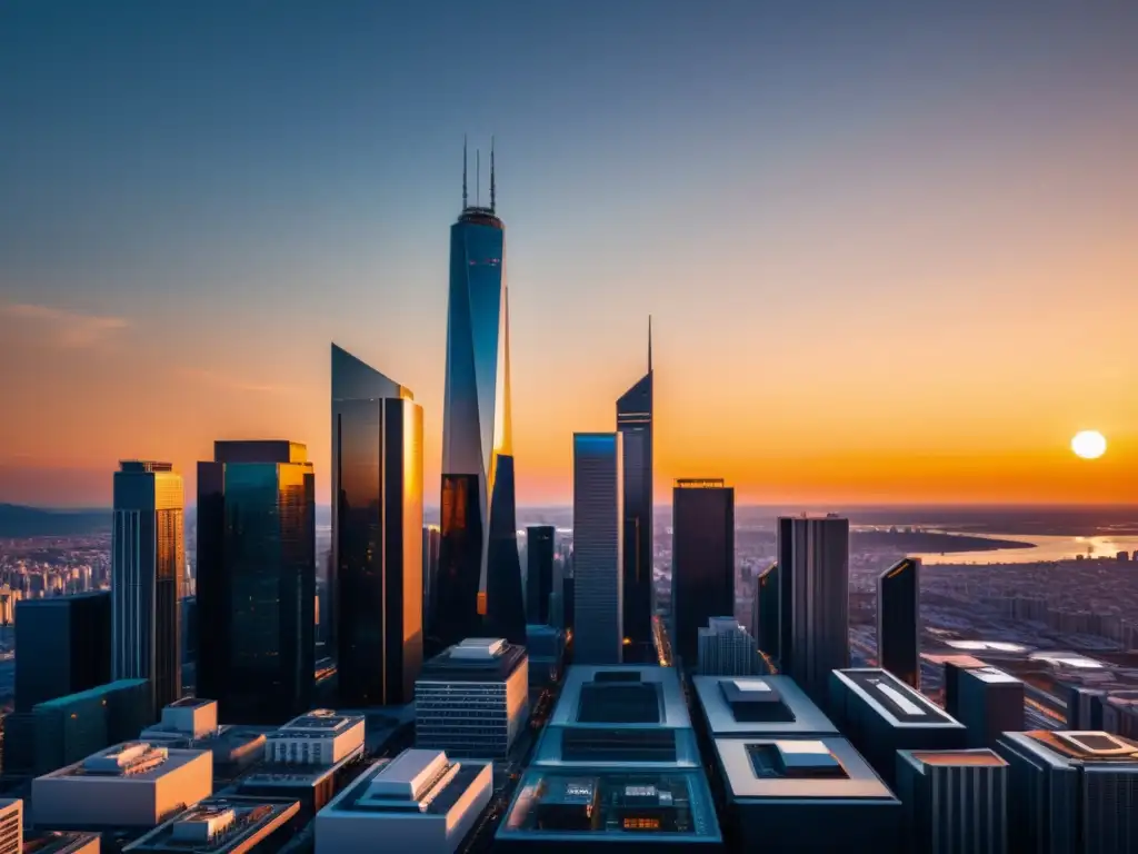 Imponente skyline urbano futurista al atardecer, reflejando las tendencias económicas futuras escuela austriaca