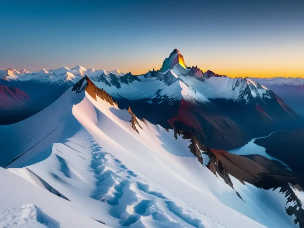 Imponentes montañas de los Andes chilenos al atardecer, reflejando la luz del sol sobre picos nevados