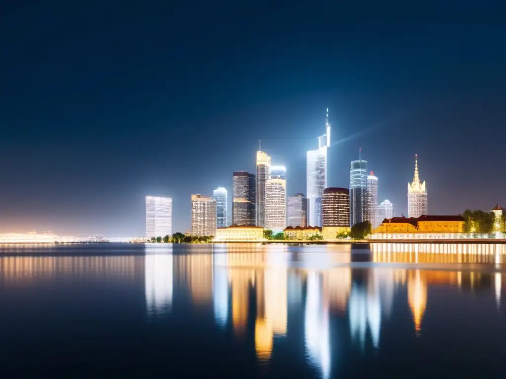 Una impresionante ciudad nocturna, con rascacielos iluminados reflejándose en el agua, evocando la perspectiva austriaca crisis financiera