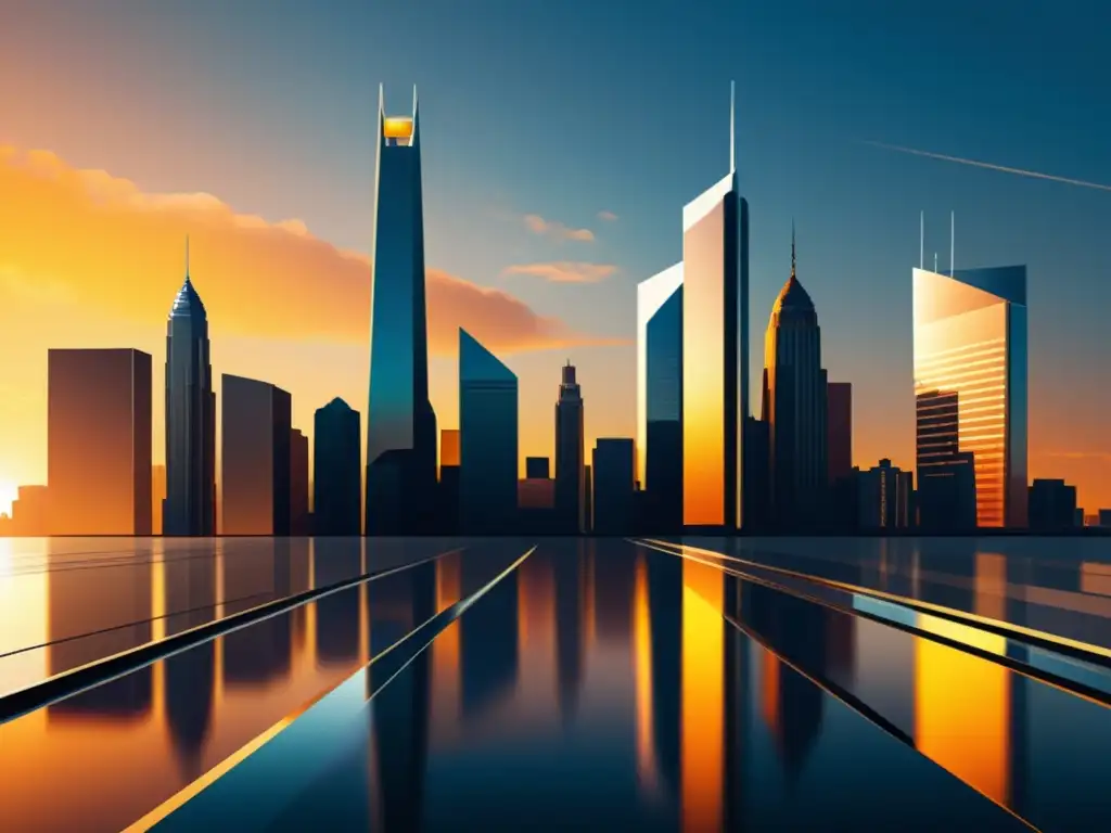 Horizonte futurista en atardecer dorado: ilustración digital ultradetallada de una ciudad vanguardista Una impresionante ilustración digital de una ciudad futurista bañada por la cálida luz del atardecer, con rascacielos de cristal y acero