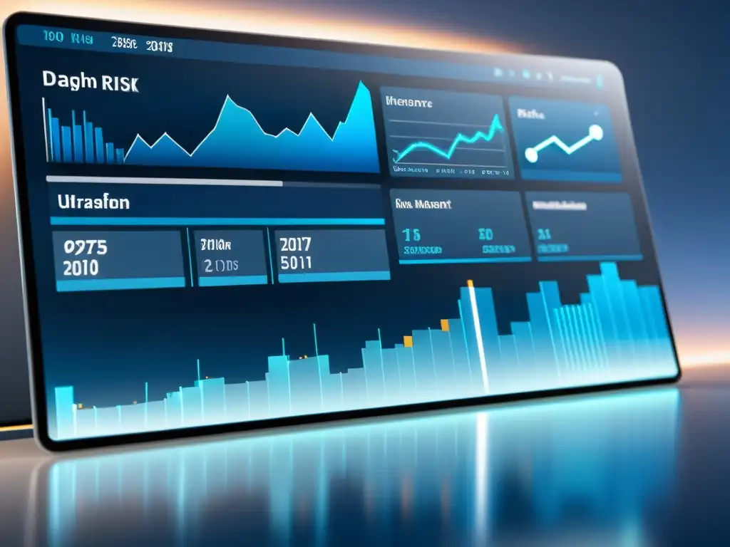 Un impresionante panel de gestión de riesgos financieros en la Escuela Austriaca, con gráficos futuristas y datos en tiempo real