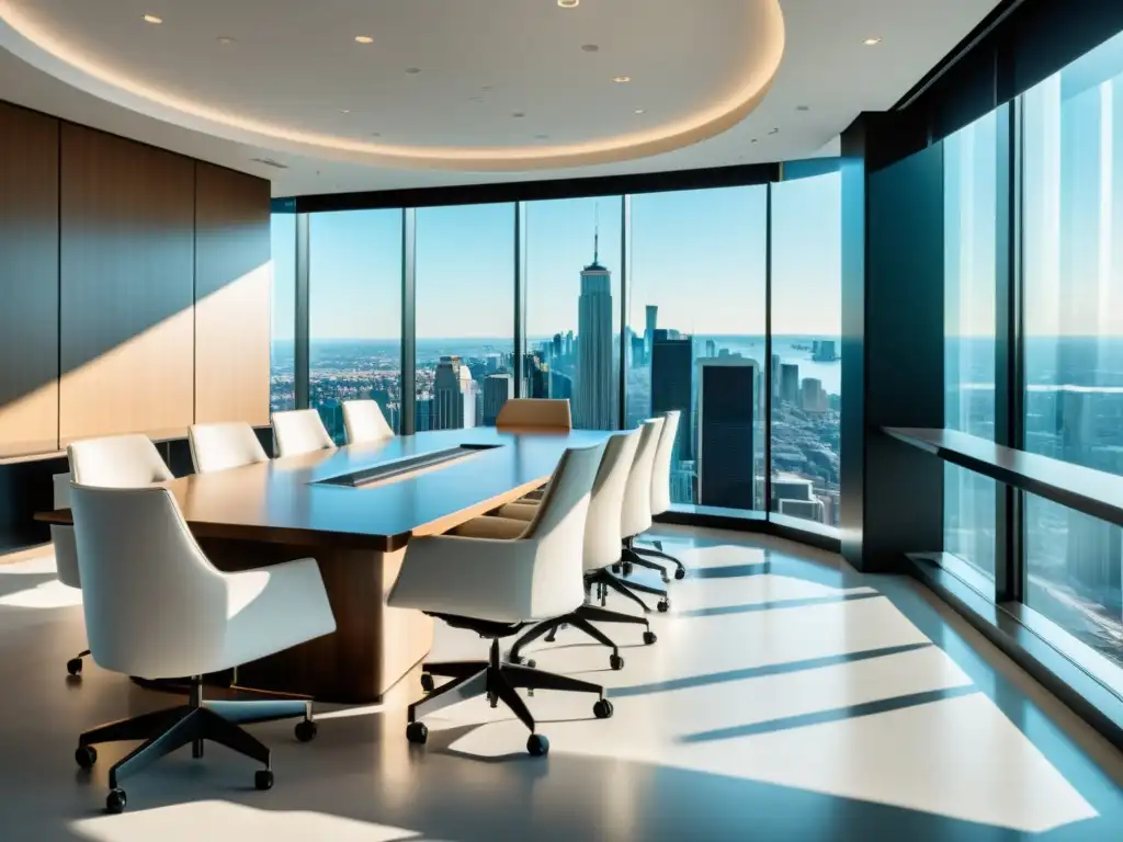 Sala de conferencias moderna y sofisticada en 8k Un impresionante salón de conferencias con vista a la ciudad, bañado en luz natural, decoración minimalista y mobiliario de alta gama
