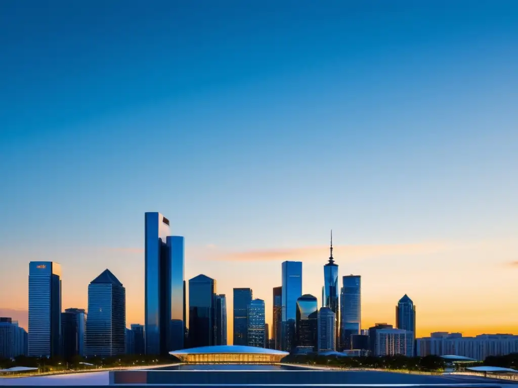 Impresionante skyline de una ciudad moderna al atardecer, reflejando la cálida luz dorada