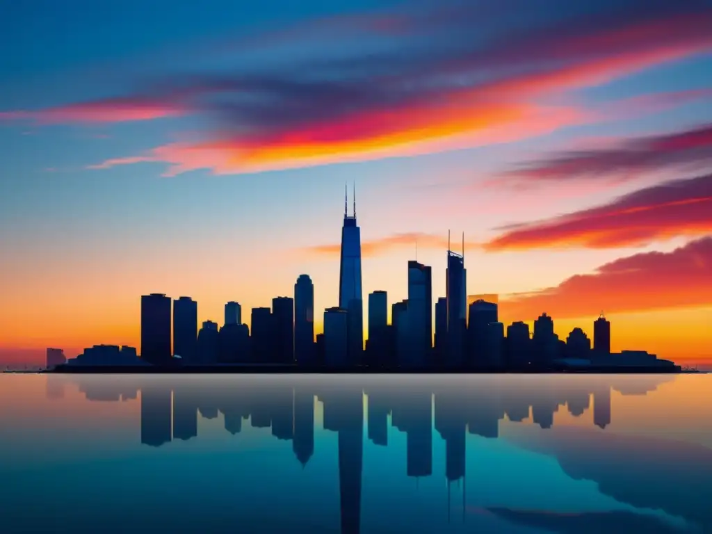 Una impresionante vista de la ciudad moderna al atardecer, con rascacielos imponentes reflejando la cálida luz del sol poniente