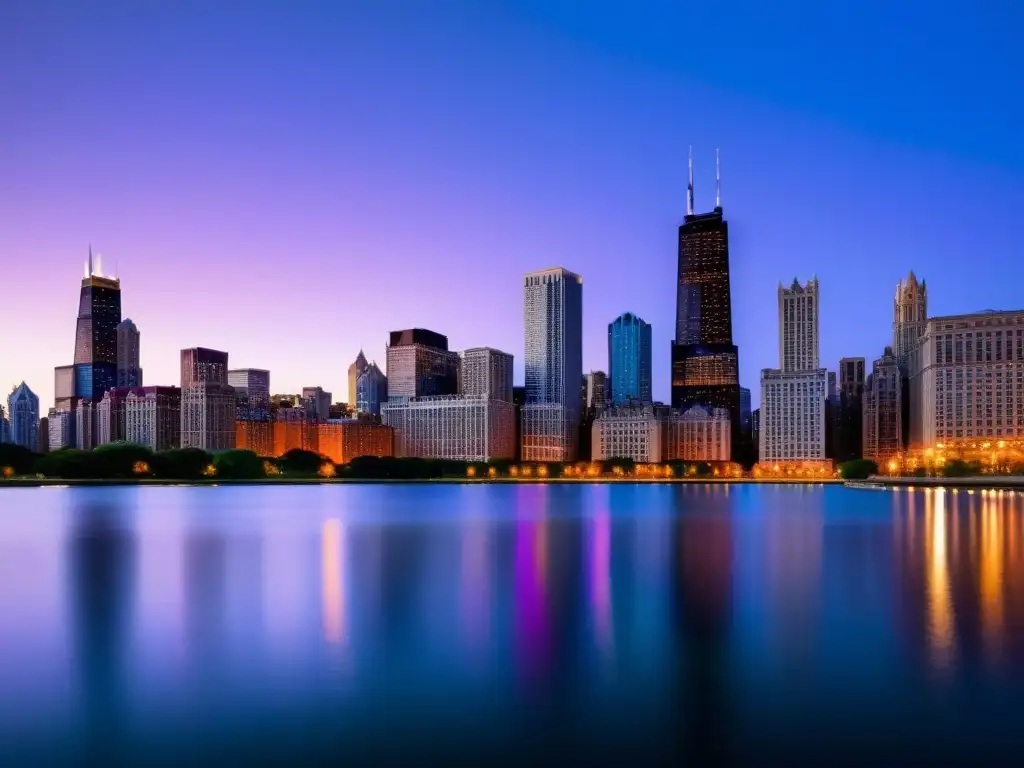 Una impresionante vista del horizonte de Chicago al anochecer, con rascacielos icónicos iluminados en un cielo azul y morado