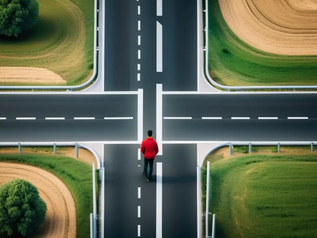 Un individuo contempla dos caminos, uno seguro y otro arriesgado, representando la psicología de la aversión al riesgo económico