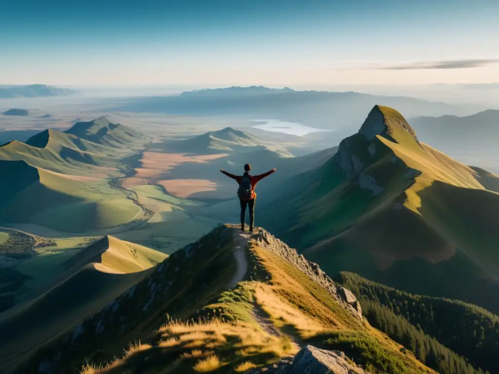 Un individuo en la cima de una montaña, con los brazos extendidos y un paisaje expansivo, evocando libertad y oportunidad