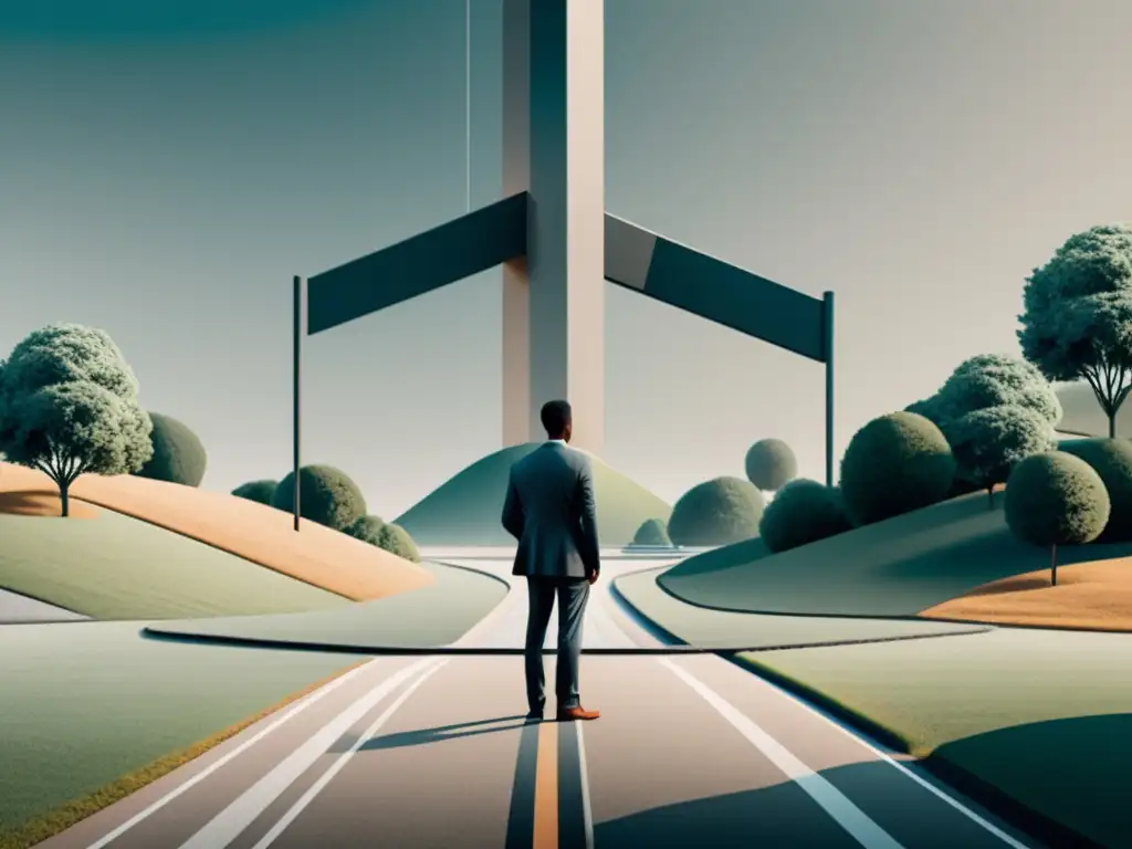 Un individuo en una encrucijada financiera, rodeado de líneas modernas y colores sutiles, simbolizando las aplicaciones de la praxeología económica