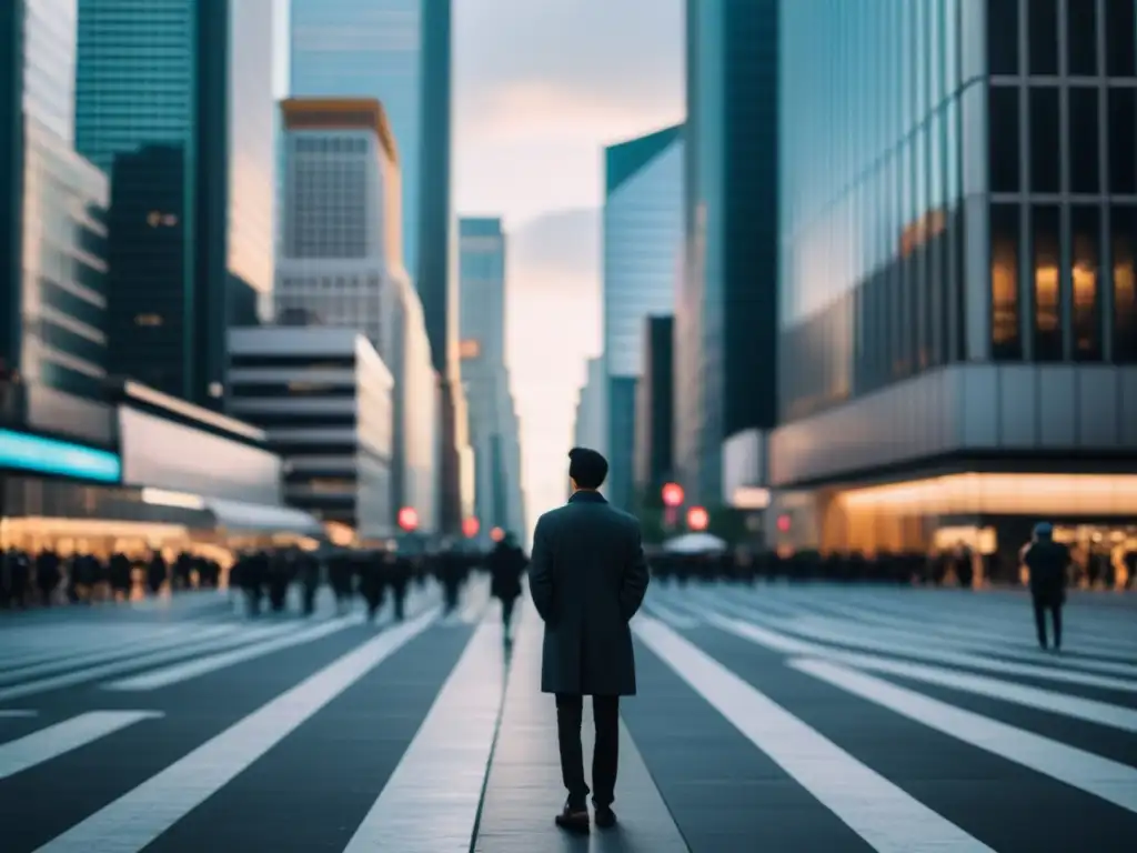 Reflexión en la ciudad: el individuo en la multitud Un individuo reflexivo destaca en una bulliciosa calle de rascacielos, representando la importancia del individualismo metodológico