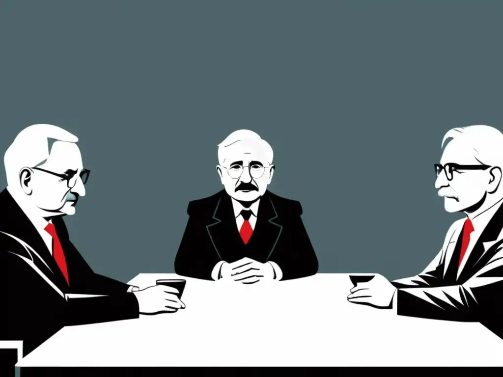 Influencia de austriacos en política económica: Ilustración minimalista en blanco y negro de Ludwig von Mises, Friedrich Hayek y otros economistas austriacos debatiendo intensamente alrededor de una mesa, reflejando su profunda influencia intelectual