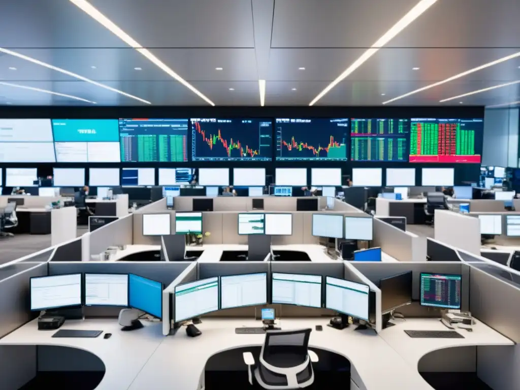 Influencia de la Escuela Austriaca en un moderno y eficiente trading floor con tecnología de vanguardia y colores suaves