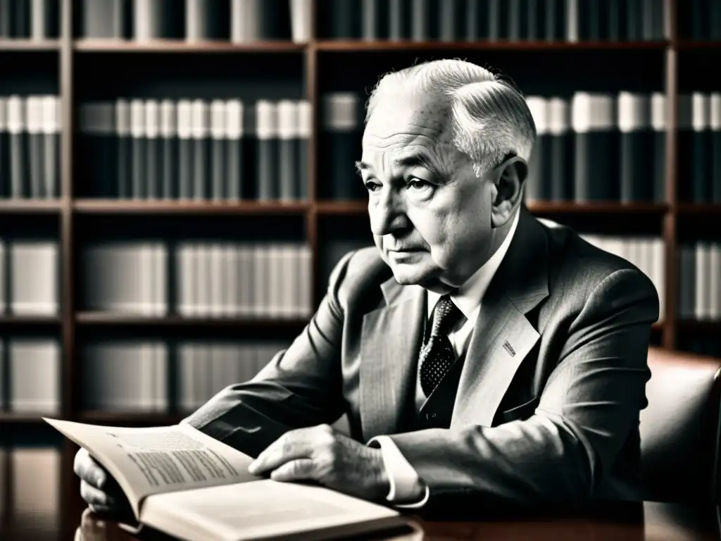 Ludwig von Mises, influencia de Mises en política: imagen en blanco y negro de Mises reflexivo rodeado de libros y papeles, iluminado dramáticamente