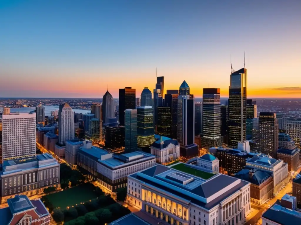 Influencia política en inversiones: Atardecer en la ciudad, mezcla de rascacielos modernos y edificios históricos, refleja la intersección entre política y finanzas urbanas