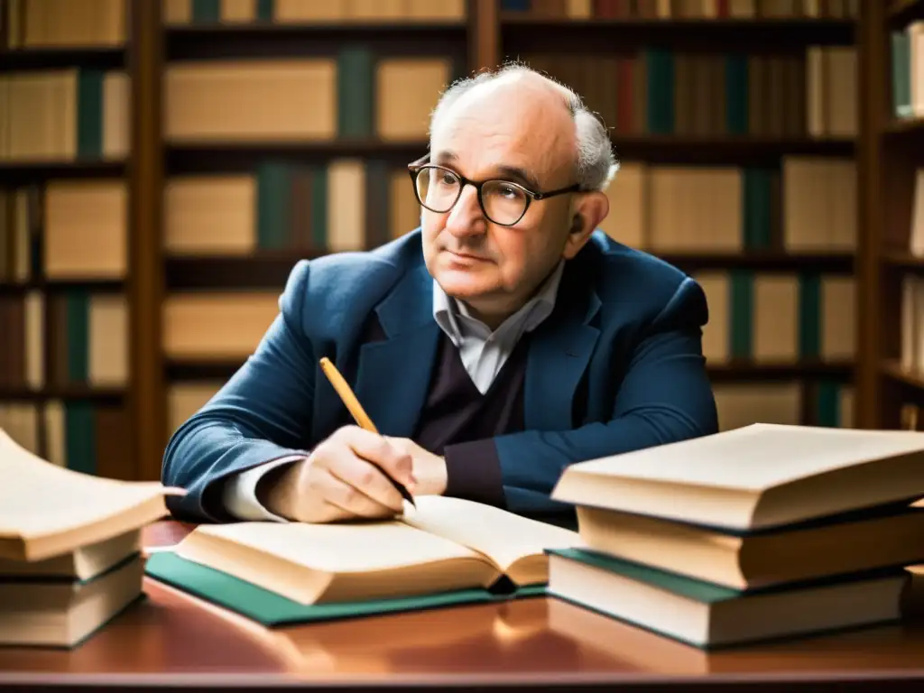 Murray Rothbard inmerso en la escritura de la 'Ética de la libertad en la Escuela Austriaca', rodeado de libros y papeles, con expresión concentrada