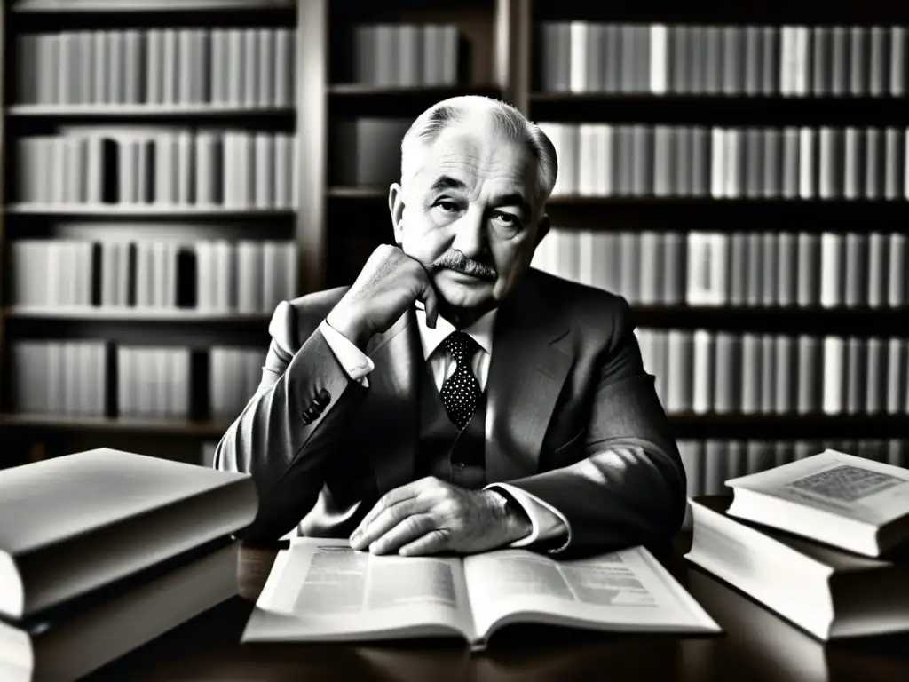 Ludwig von Mises inmerso en el pensamiento, rodeado de libros y papeles, con expresión determinada