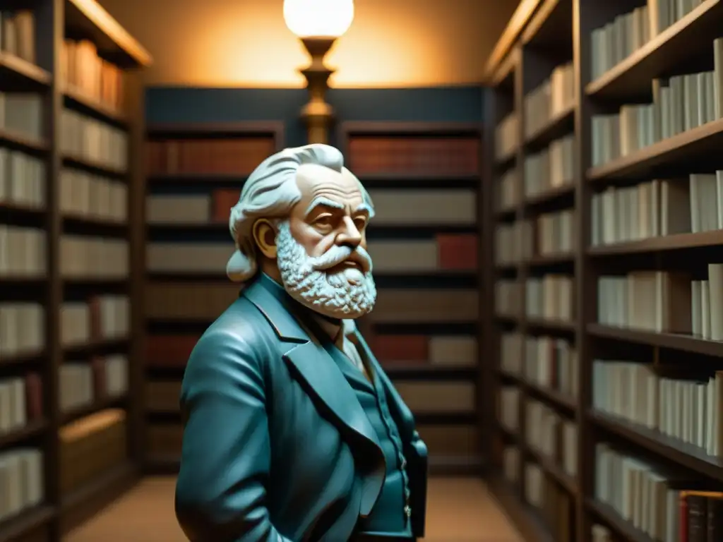 Intensa dialéctica entre Marx y Mises en dramática escena de praxeología, libros antiguos y estatuas clásicas de fondo