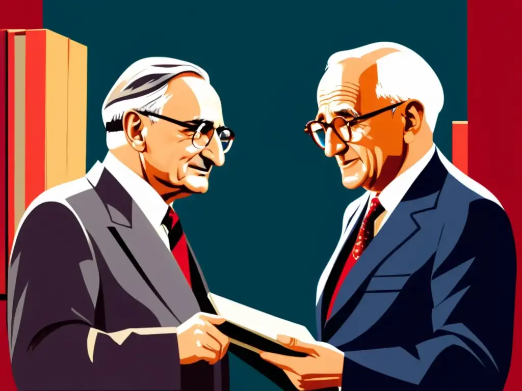 Intensa ilustración digital de Hayek y Friedman debatiendo teorías económicas