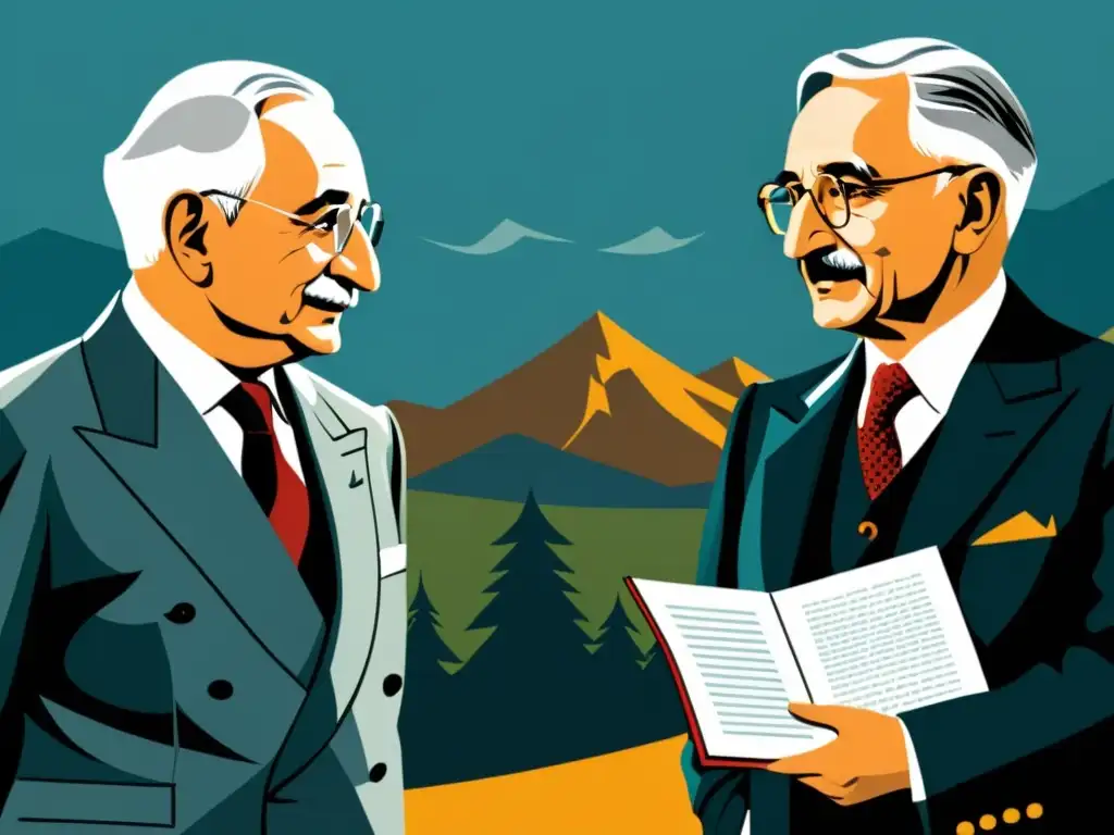 Intensa discusión entre Mises y Hayek, con la Escuela Austriaca como telón de fondo y símbolos económicos