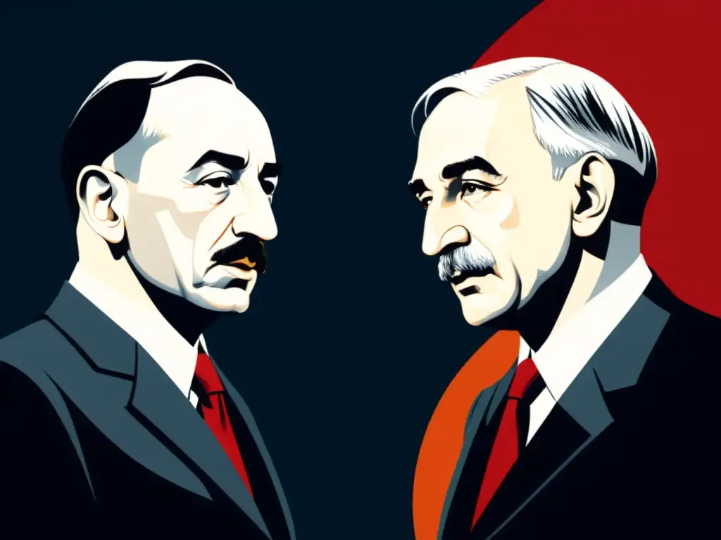 Intenso debate entre Keynes y Hayek, dos figuras de influencia económica, en ilustración minimalista