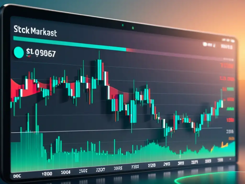 Interfaz elegante de plataforma de trading con gráficos de velas y datos en tiempo real, mostrando sofisticación y eficiencia tecnológica