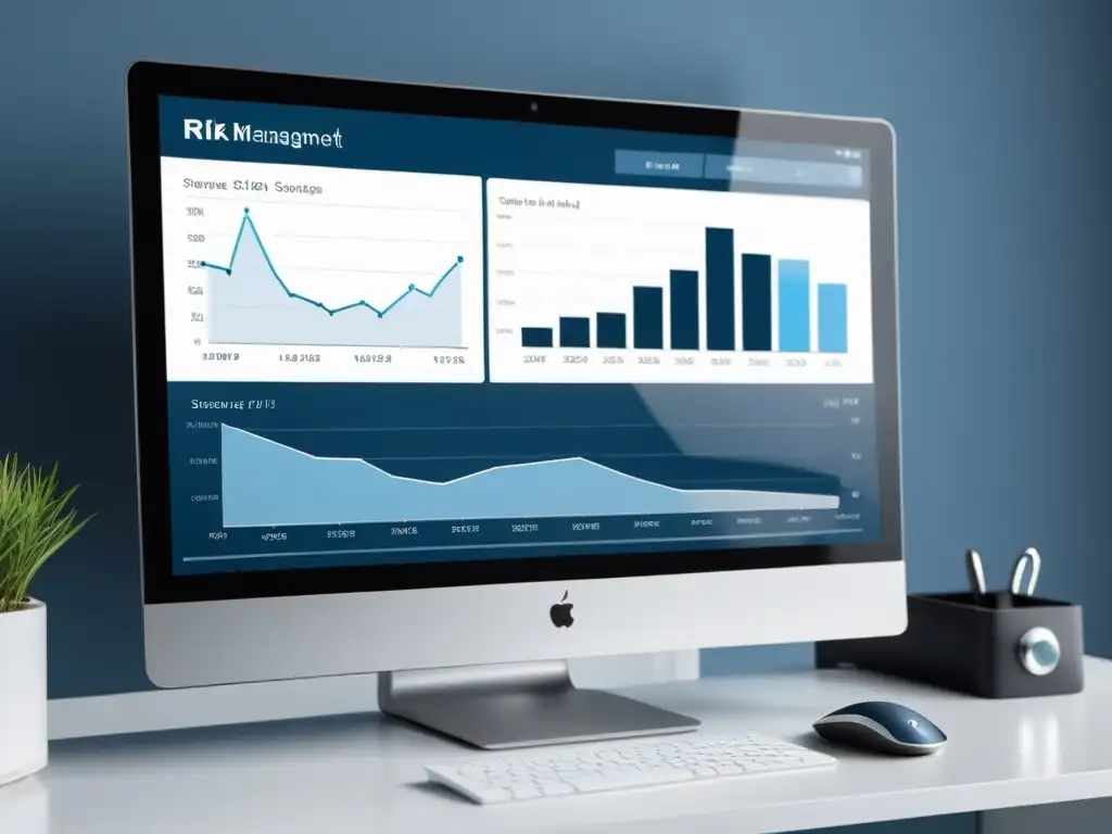 Interfaz elegante de software para gestión financiera en pantalla de computadora, con gráficos en tonos azules y blancos