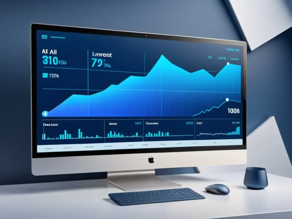 Interfaz futurista de herramientas IA para inversor individual con estrategias de inversión personalizables y visualizaciones de datos de alta tecnología en azul y blanco