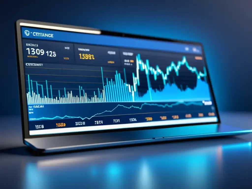 Interfaz futurista de intercambio de criptomonedas, mostrando gráficos dinámicos y datos de mercado en azul suave