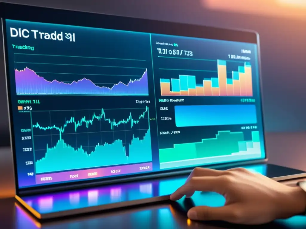 Interfaz futurista de plataforma de trading descentralizada en pantalla holográfica con datos de mercado en tiempo real y gráficos elegantes