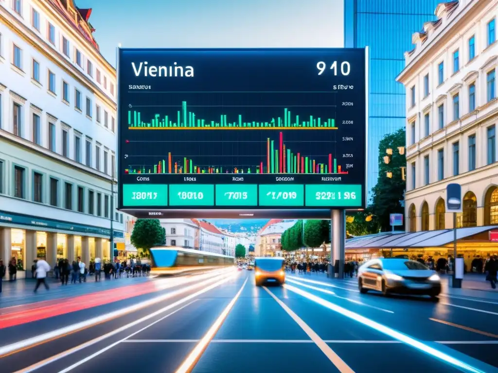 Una interfaz de IA futurista en Viena, con datos económicos en gráficos sobre la ciudad