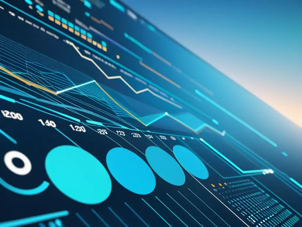 Interfaz de IA futurista sobre gráficos económicos, con líneas de código